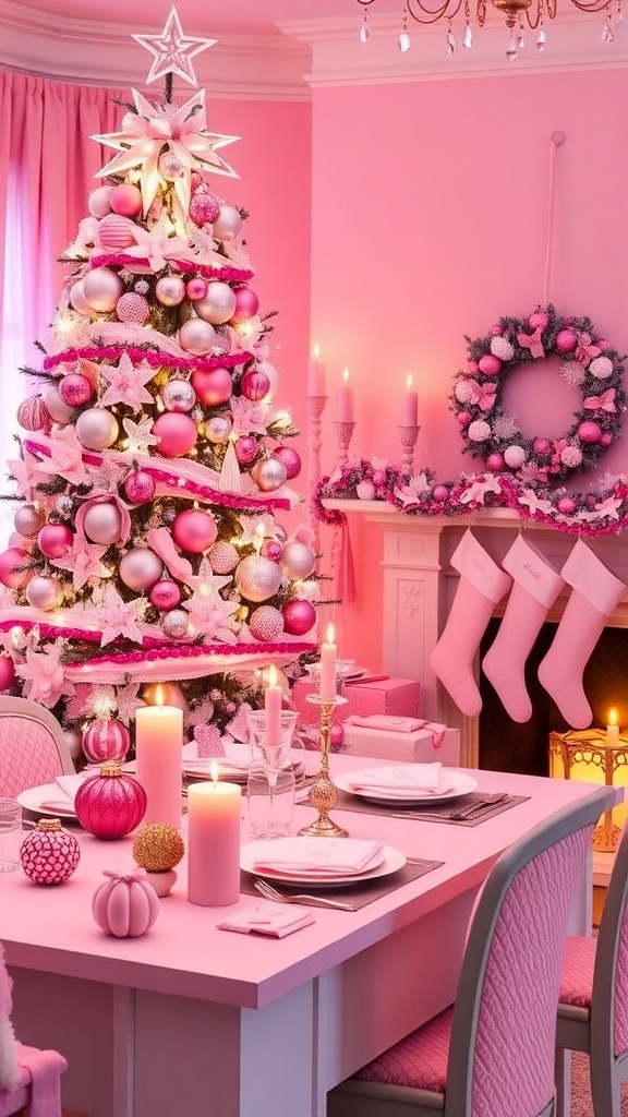 Pink Christmas Decoration Ideas A pink-themed Christmas setup with a decorated tree, festive table, and stockings.